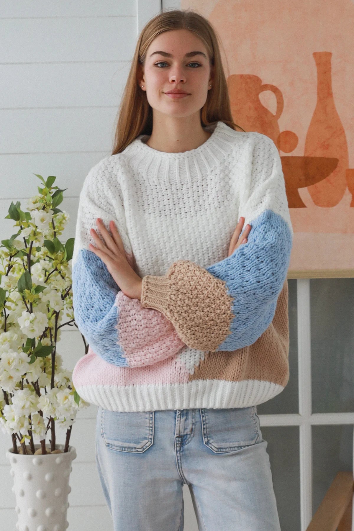 Pastel Color Block Knit Sweater white