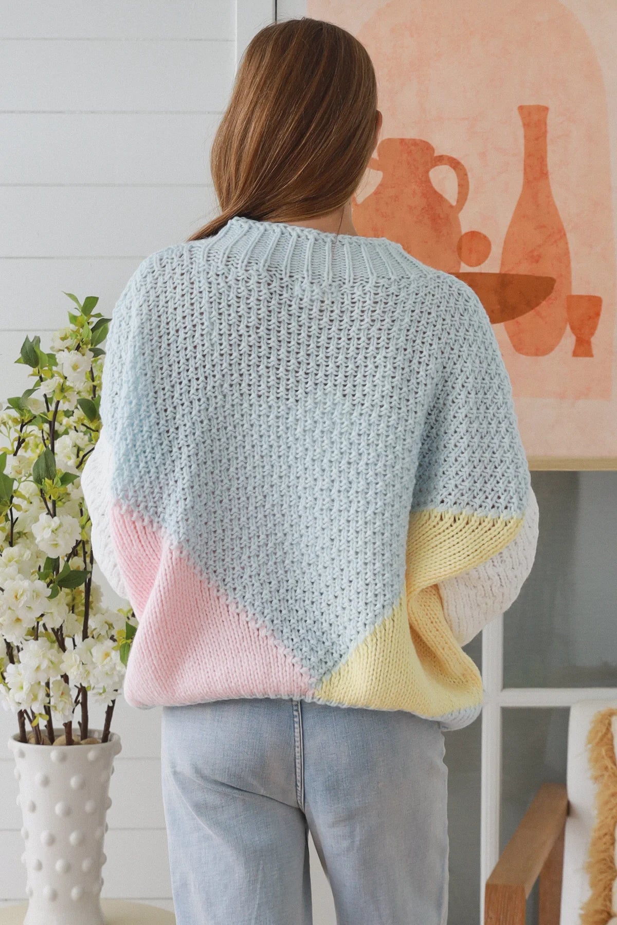 Pastel Color Block Knit Sweater blue