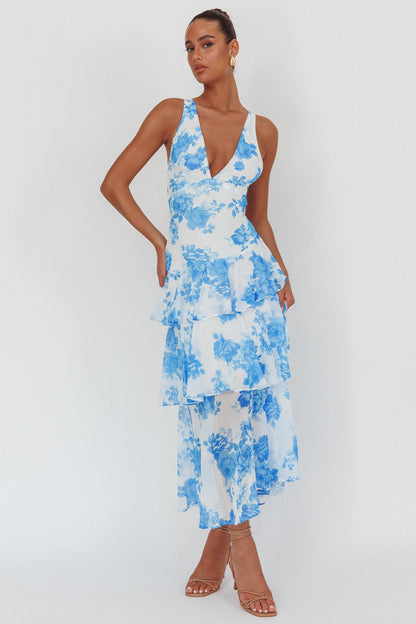 💙 Blue Bloom Backless Midi Dress