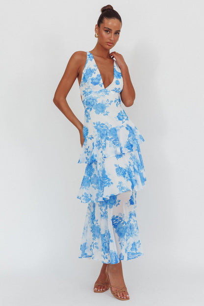 💙 Blue Bloom Backless Midi Dress