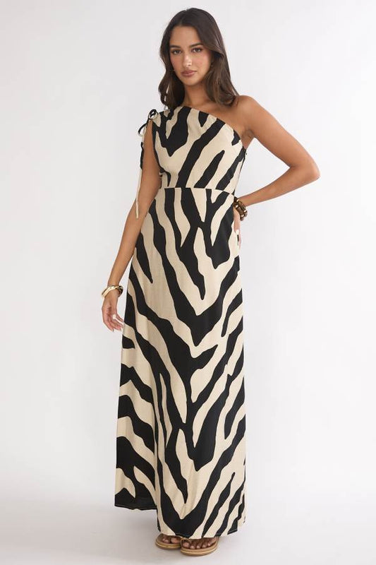One Shoulder Zebra Print Maxi Dress