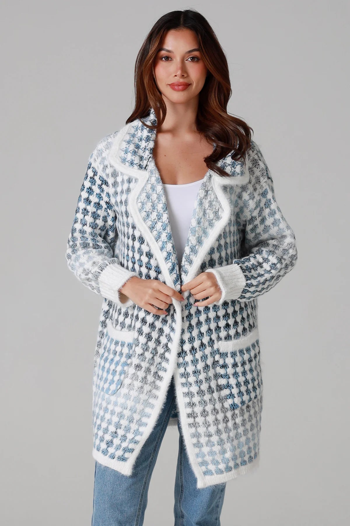 Houndstooth Knit Cardigan – Sky Blue & Cream