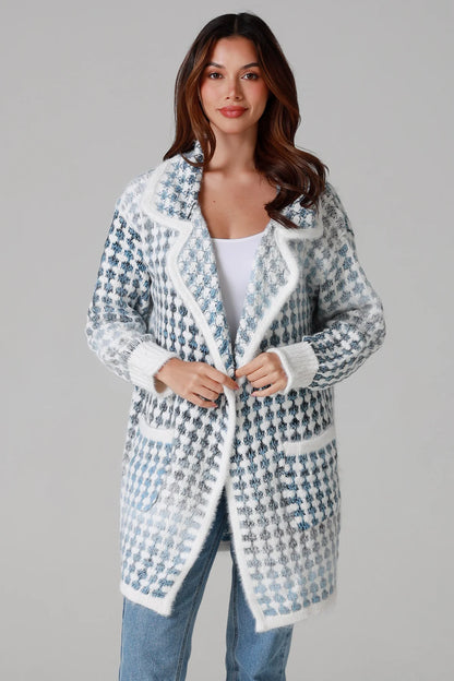 Houndstooth Knit Cardigan – Sky Blue & Cream
