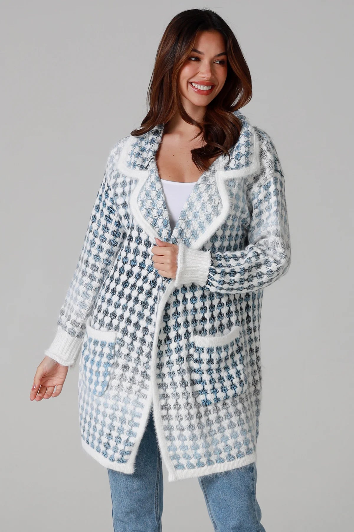 Houndstooth Knit Cardigan – Sky Blue & Cream