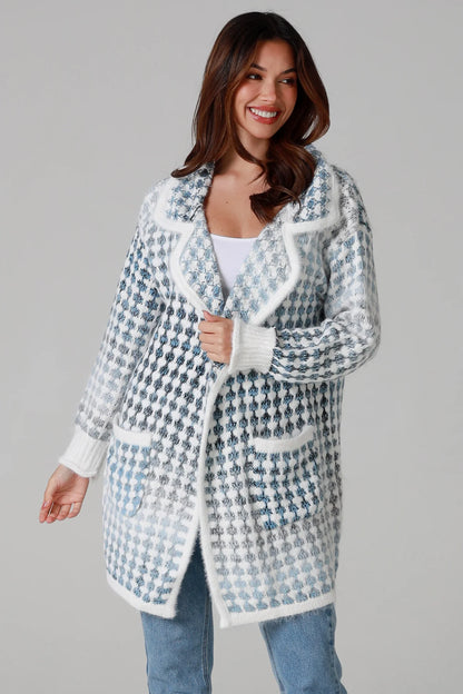 Houndstooth Knit Cardigan – Sky Blue & Cream
