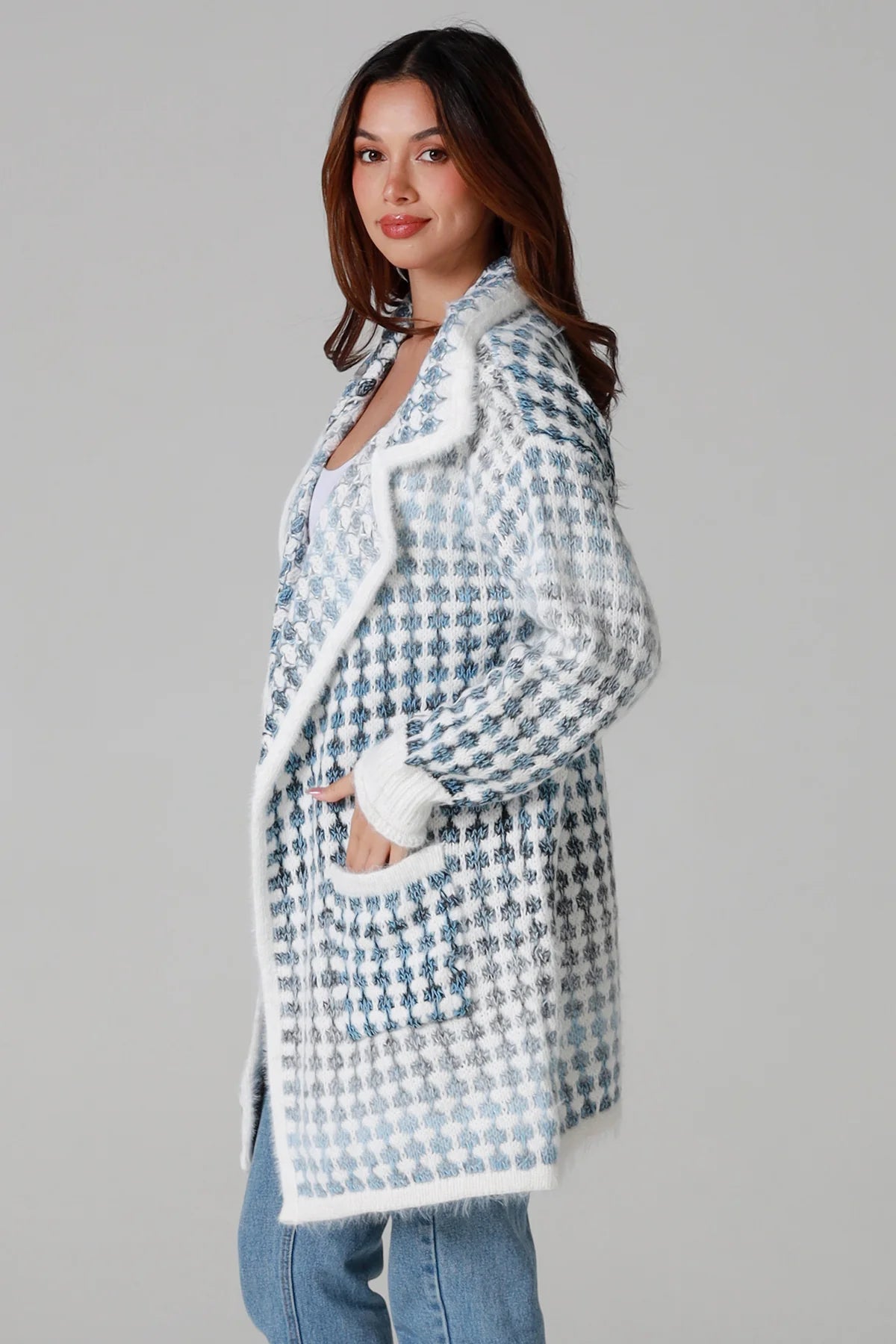 Houndstooth Knit Cardigan – Sky Blue & Cream