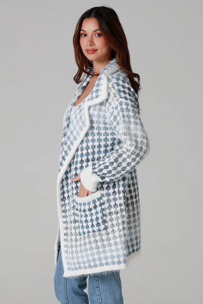 Houndstooth Knit Cardigan – Sky Blue & Cream