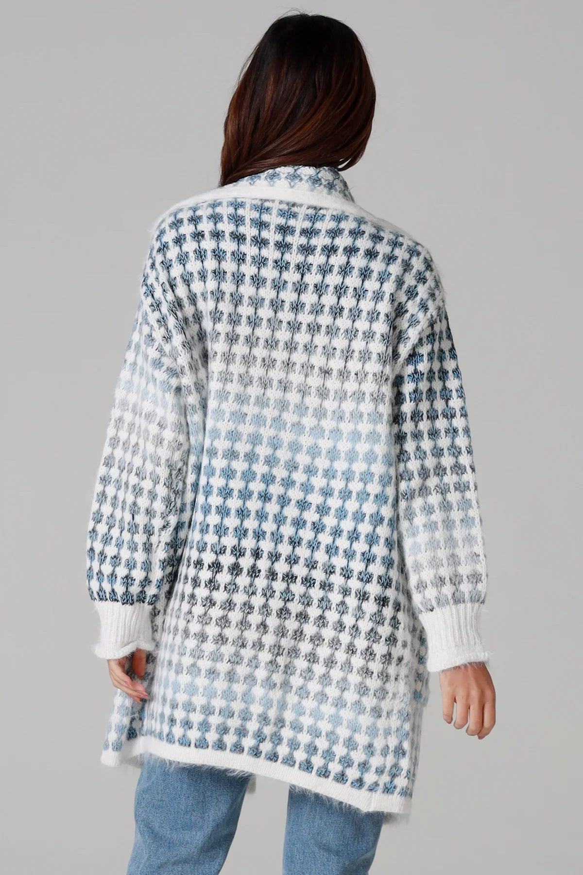 Houndstooth Knit Cardigan – Sky Blue & Cream