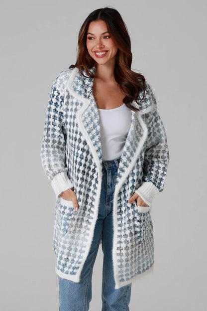 Houndstooth Knit Cardigan – Sky Blue & Cream