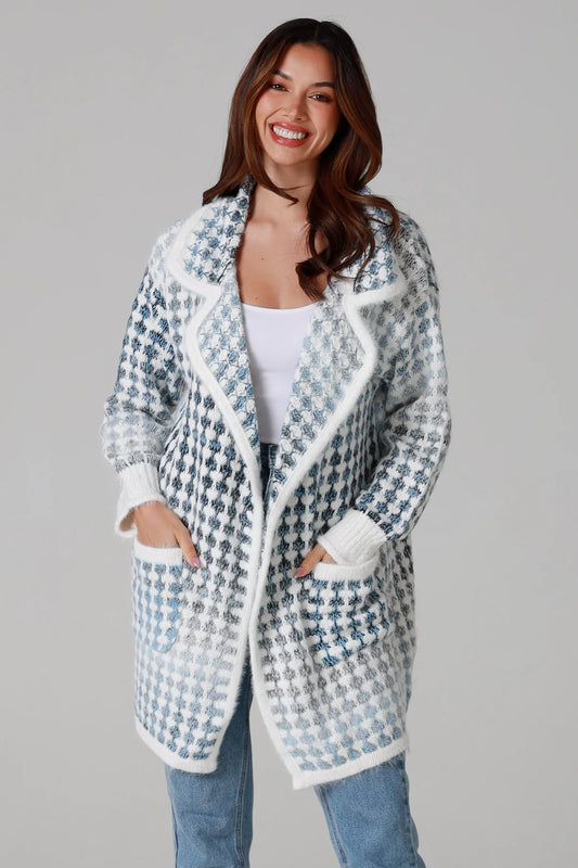 Houndstooth Knit Cardigan – Sky Blue & Cream