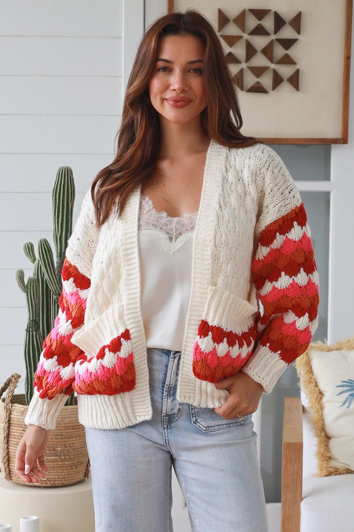 Boho Contrast Sleeve Knit Cardigan