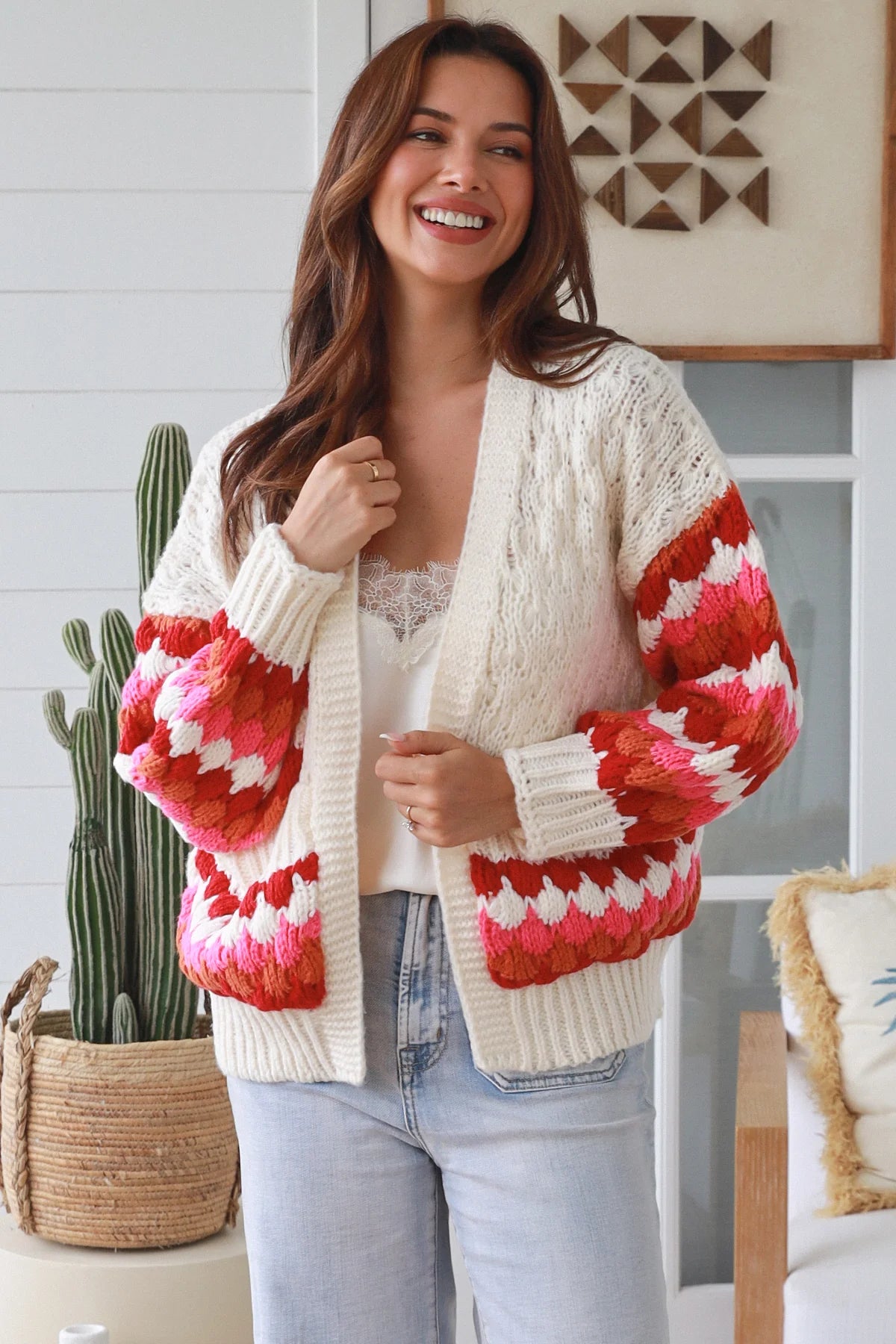 Boho Contrast Sleeve Knit Cardigan