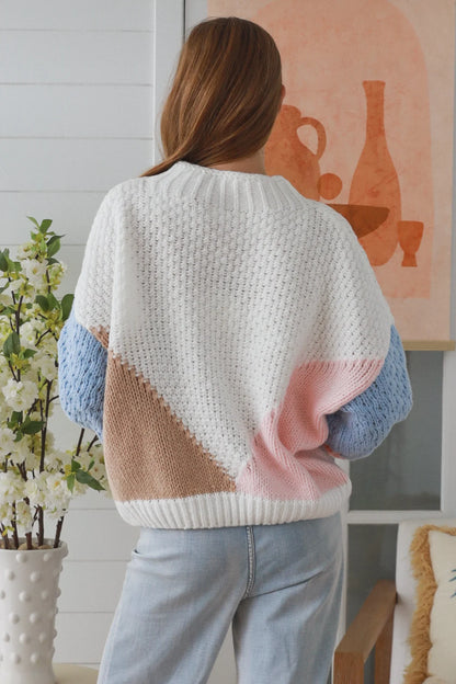 Pastel Color Block Knit Sweater white