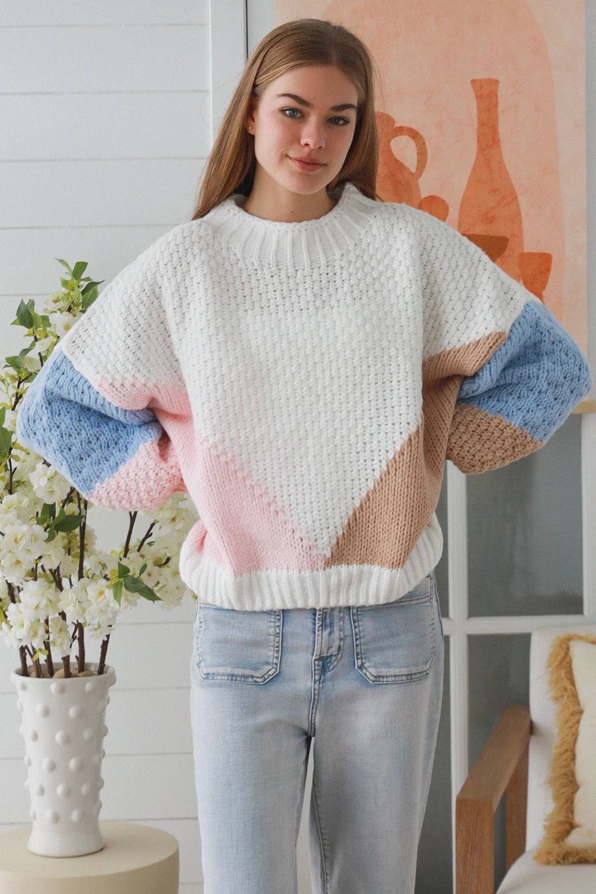 Pastel Color Block Knit Sweater white