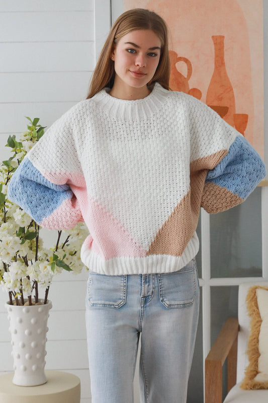 Pastel Color Block Knit Sweater white