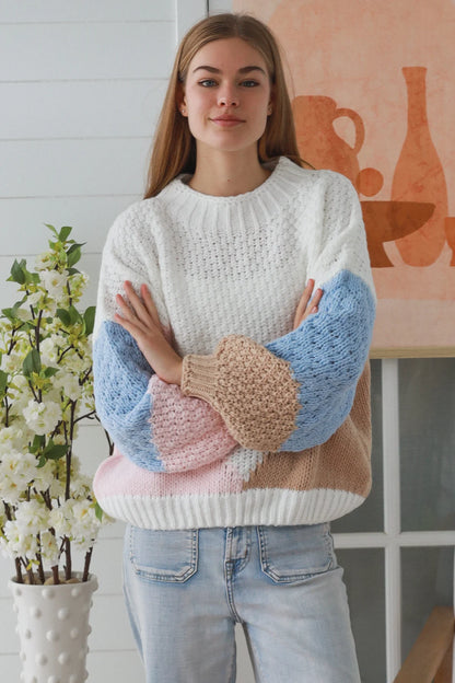 Pastel Color Block Knit Sweater white