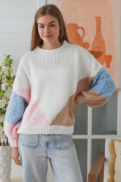 Pastel Color Block Knit Sweater white