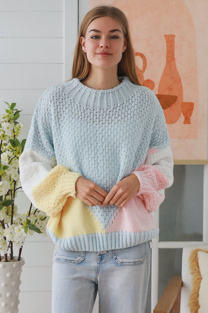 Pastel Color Block Knit Sweater blue