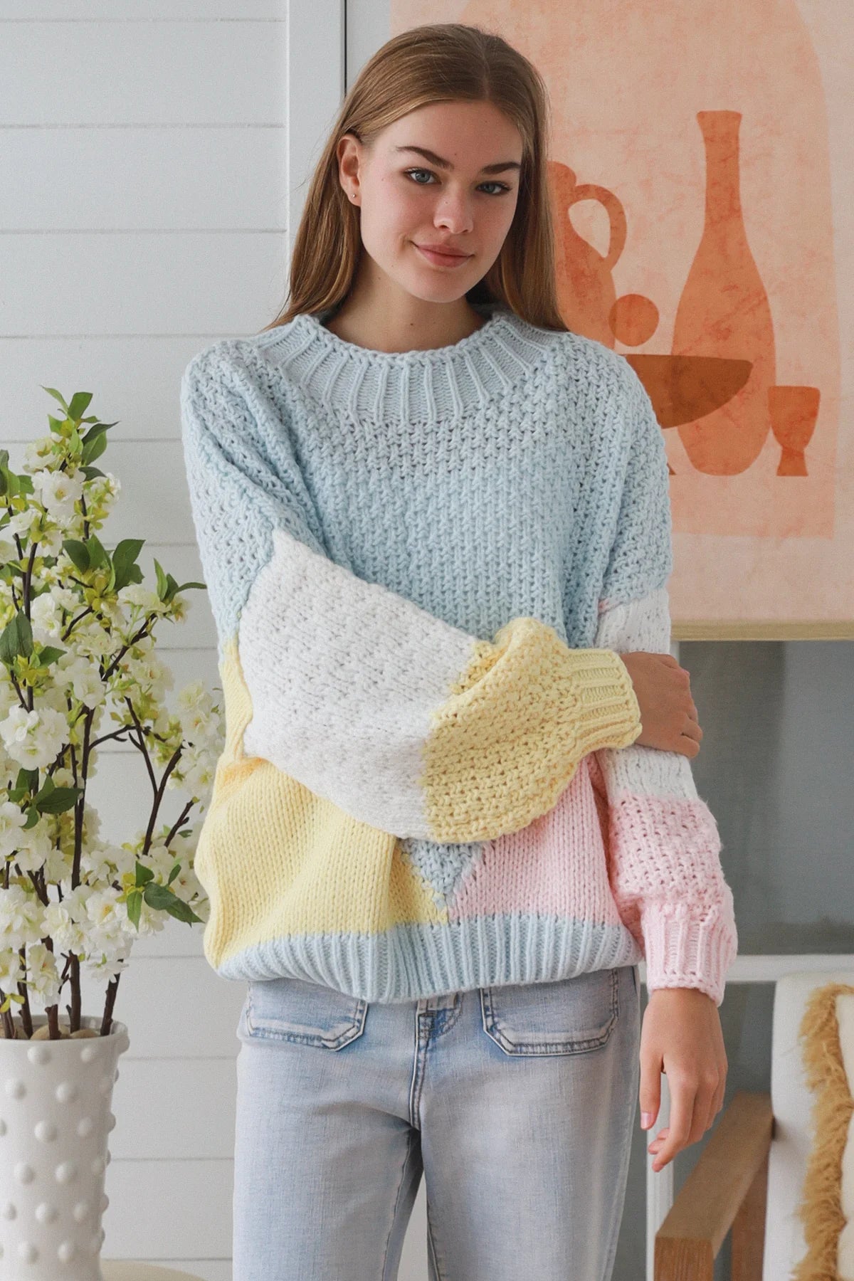 Pastel Color Block Knit Sweater blue