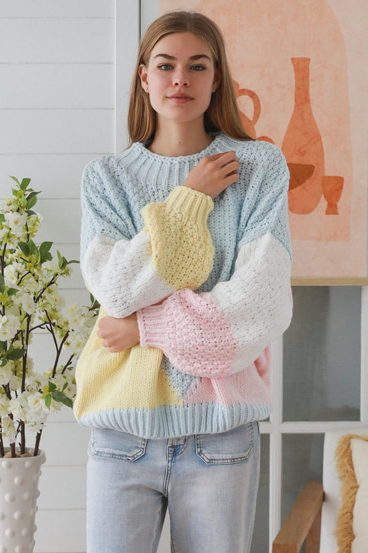 Pastel Color Block Knit Sweater blue