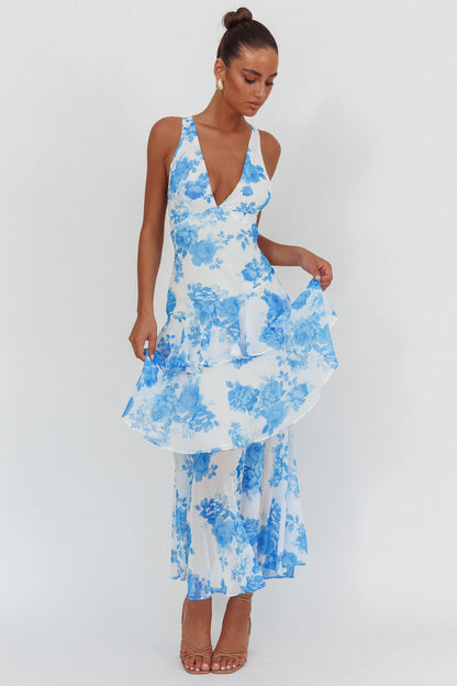💙 Blue Bloom Backless Midi Dress