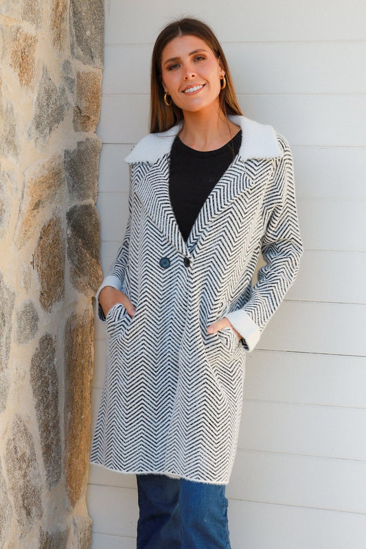 black & White Herringbone Coat