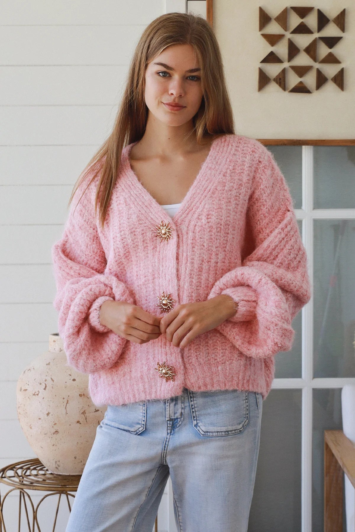 Blush Soft Knit Cardigan with Gold Buttons