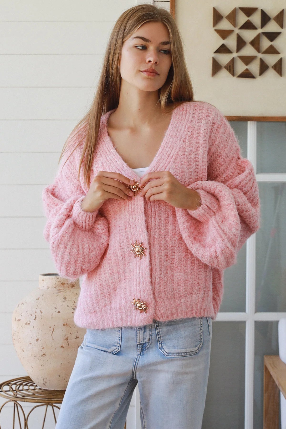 Blush Soft Knit Cardigan with Gold Buttons