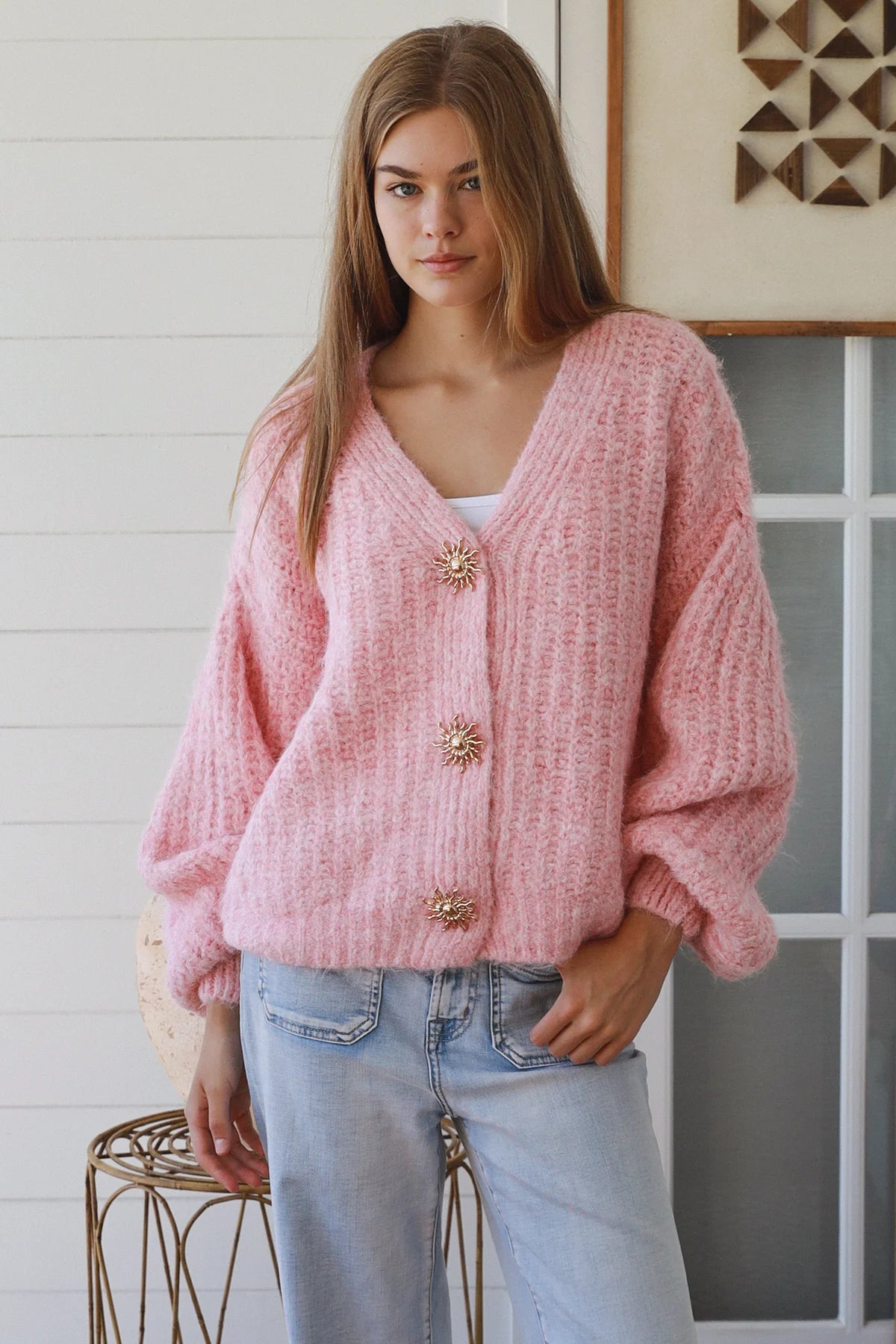Blush Soft Knit Cardigan with Gold Buttons