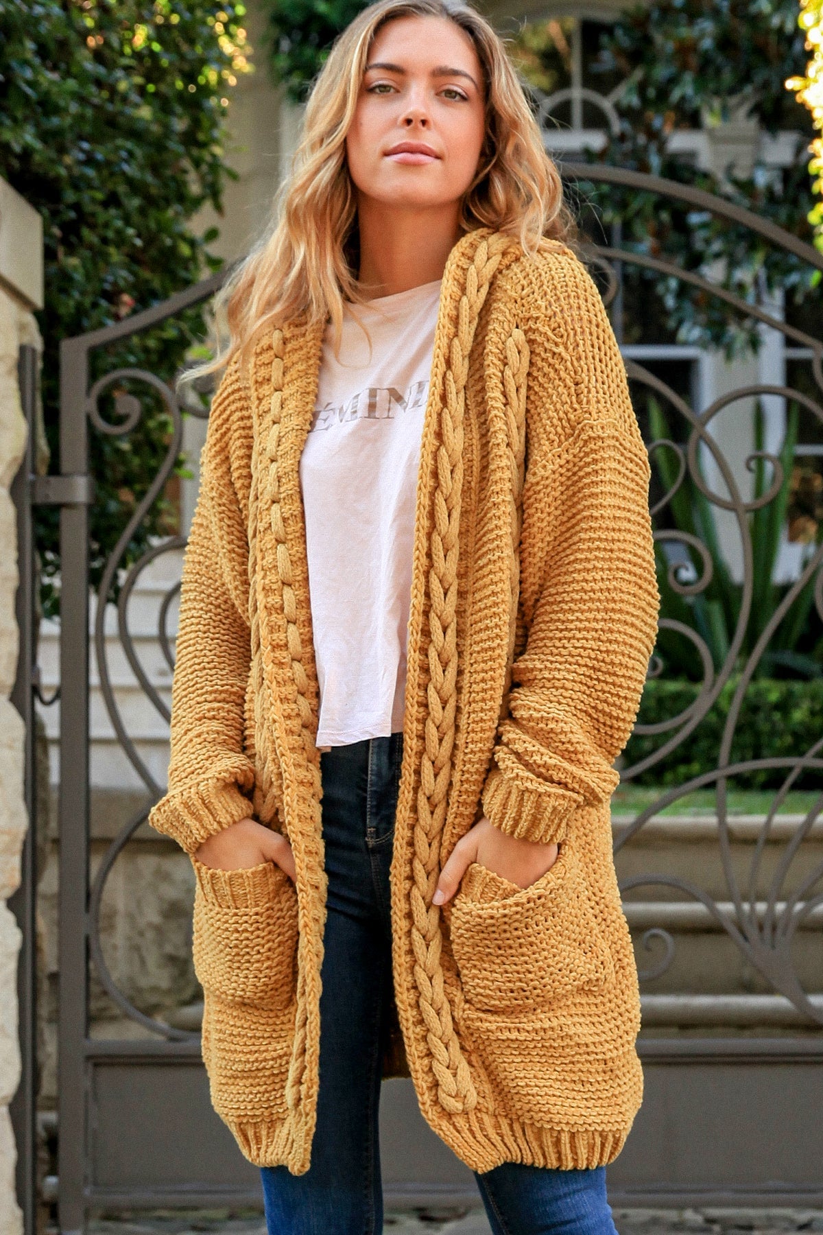 FreeSoul Cozy Cable Knit Hooded Cardigan – Mustard
