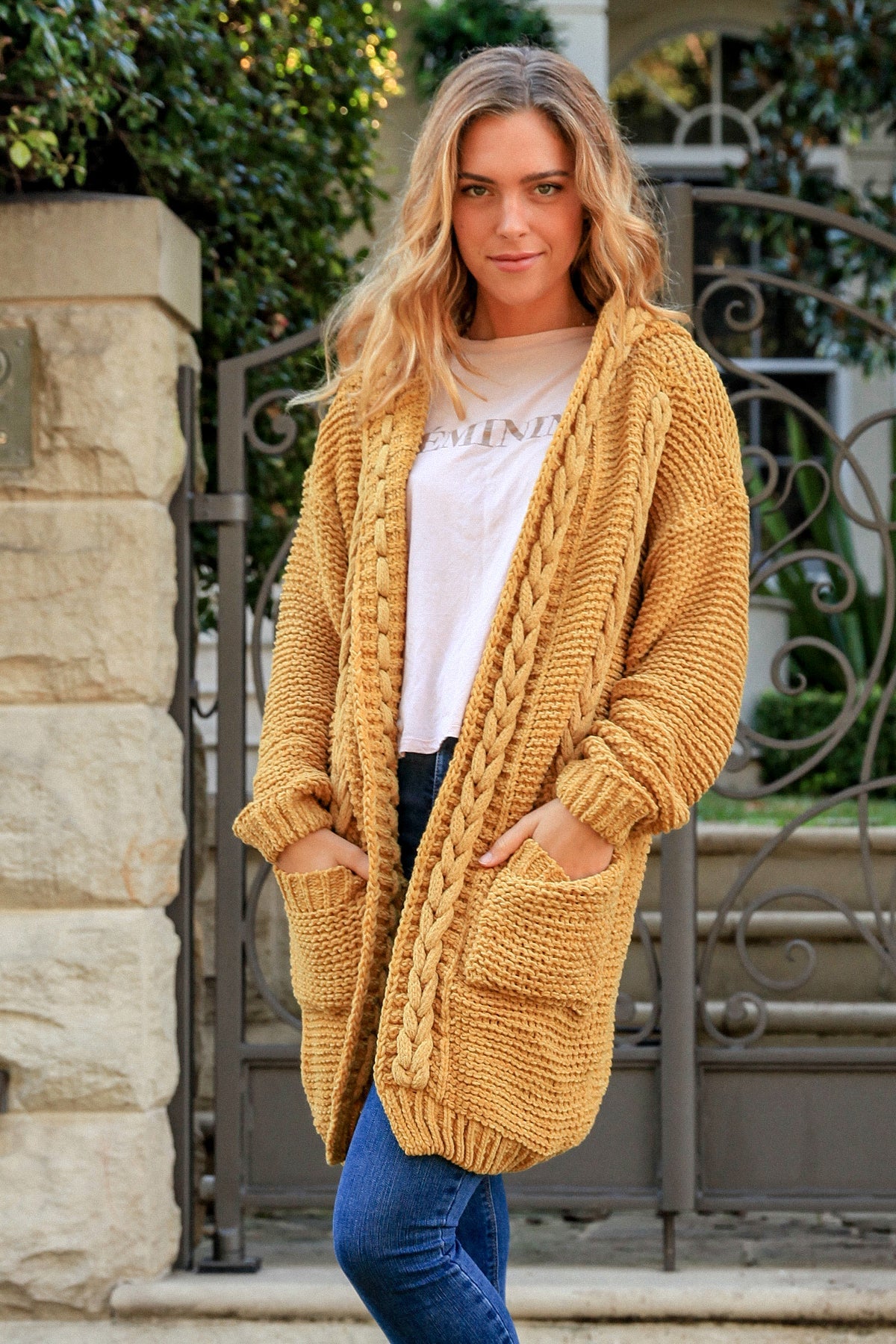 FreeSoul Cozy Cable Knit Hooded Cardigan – Mustard