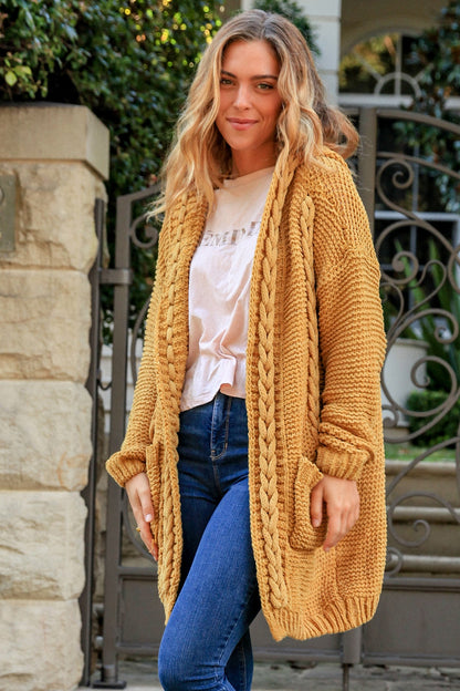 FreeSoul Cozy Cable Knit Hooded Cardigan – Mustard