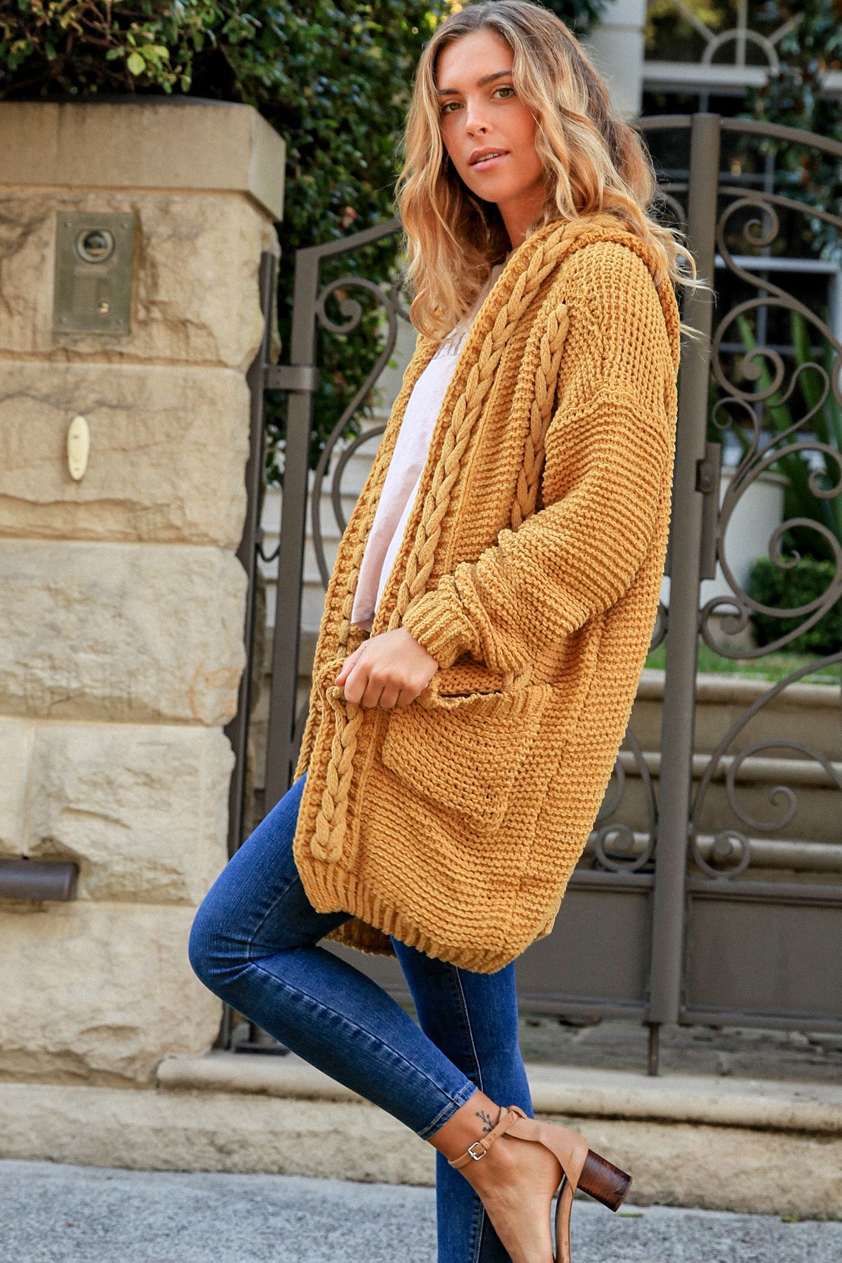 FreeSoul Cozy Cable Knit Hooded Cardigan – Mustard