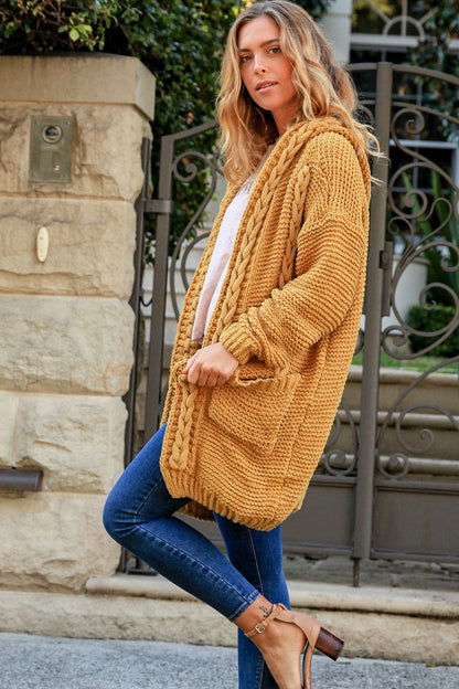 FreeSoul Cozy Cable Knit Hooded Cardigan – Mustard